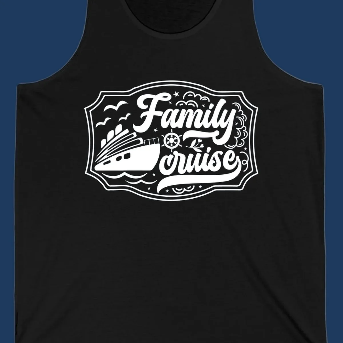 Vintage-style family cruise badge with ship, wheel, and nautical elements in white on gray background