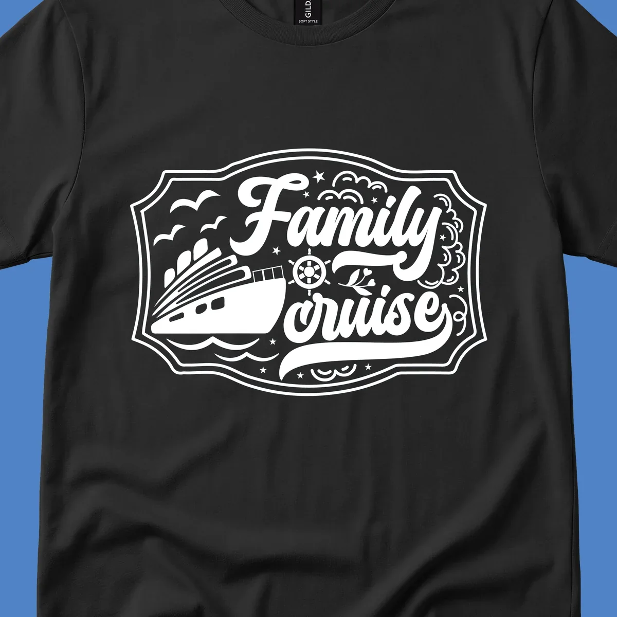 Vintage-style family cruise badge with ship, wheel, and nautical elements in white on gray background