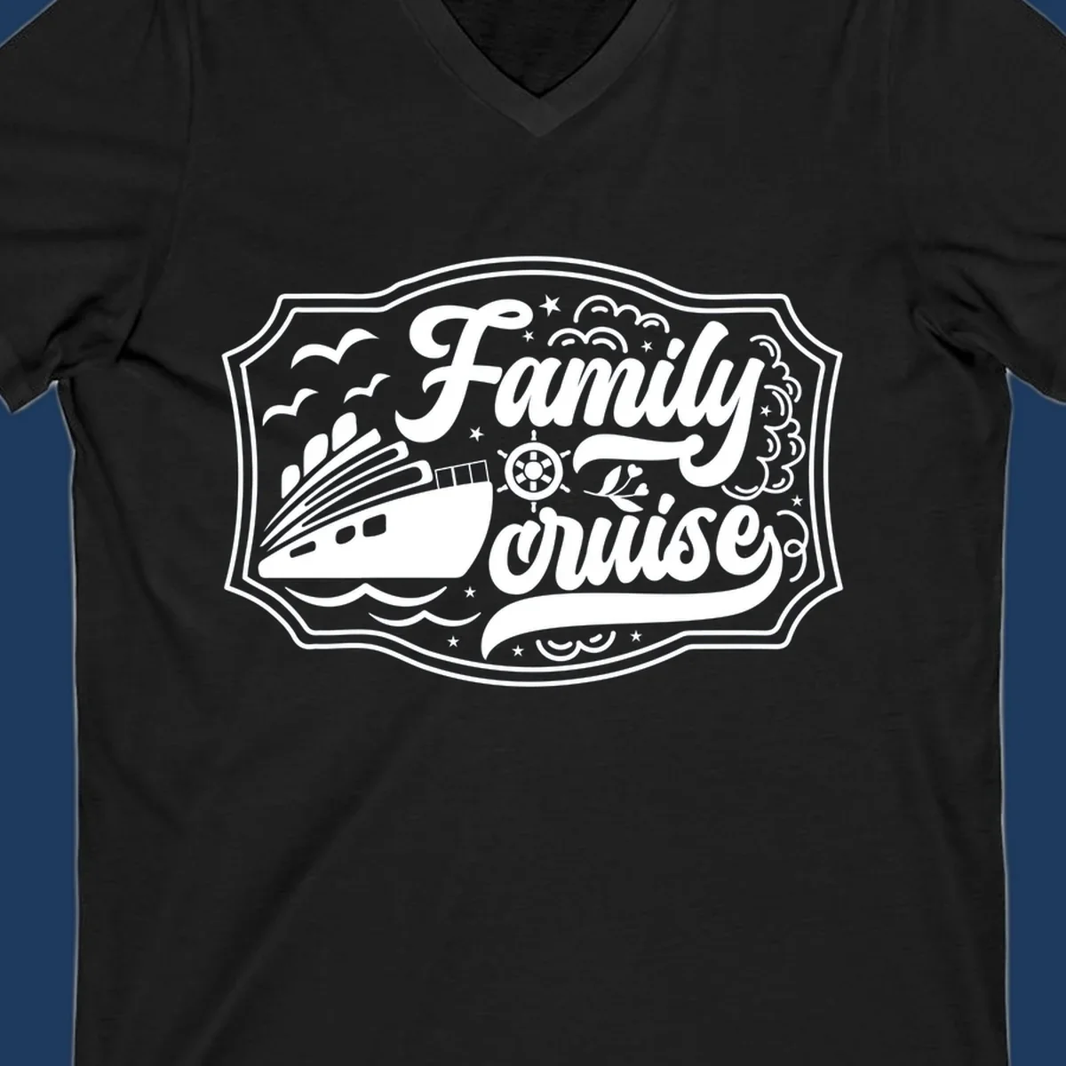 Vintage-style family cruise badge with ship, wheel, and nautical elements in white on gray background