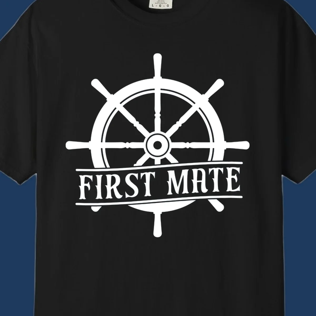 White ship's wheel with eight spokes and 'First Mate' text banner on gray background