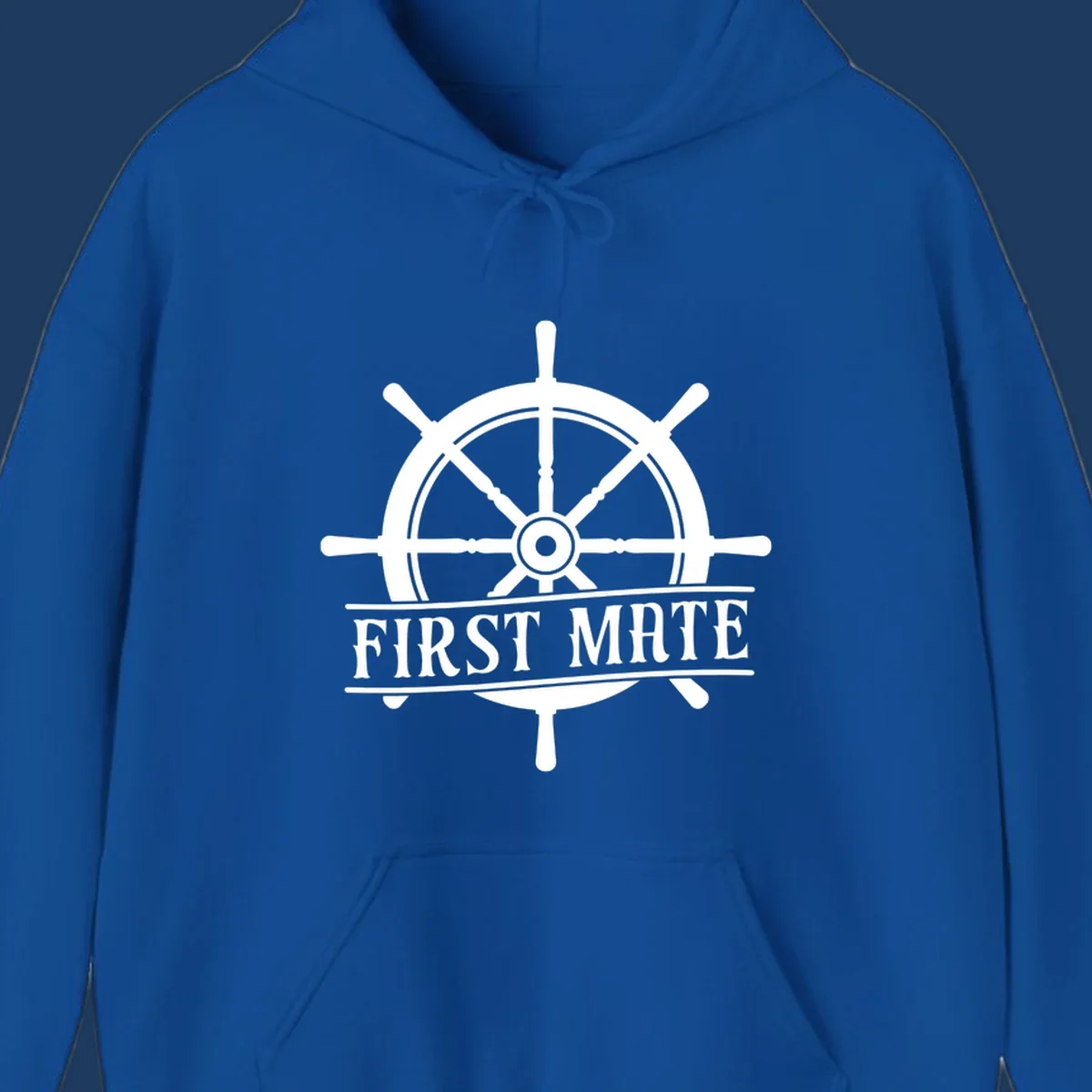 White ship's wheel with eight spokes and 'First Mate' text banner on gray background