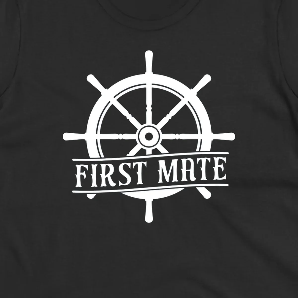 White ship's wheel with eight spokes and 'First Mate' text banner on gray background