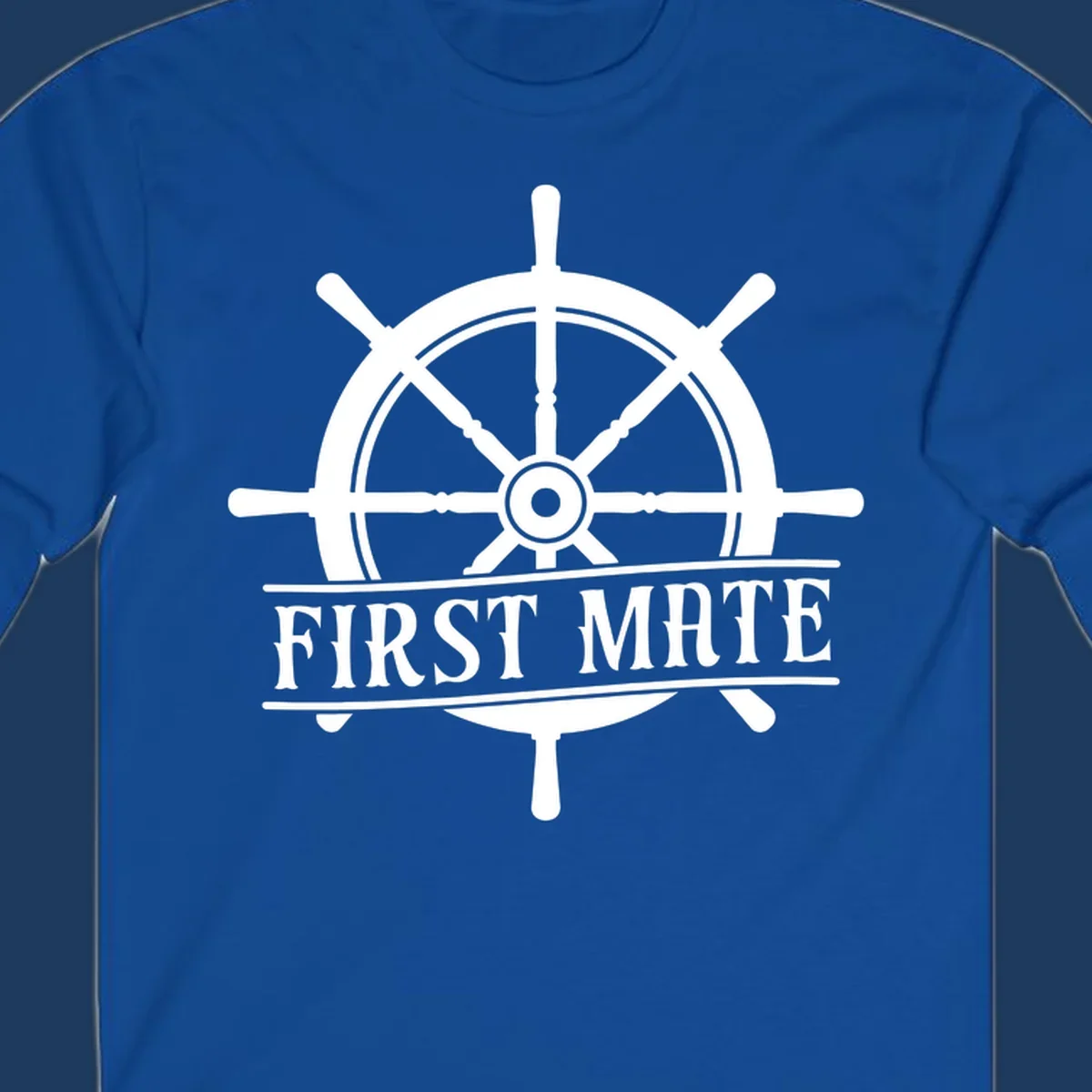 White ship's wheel with eight spokes and 'First Mate' text banner on gray background