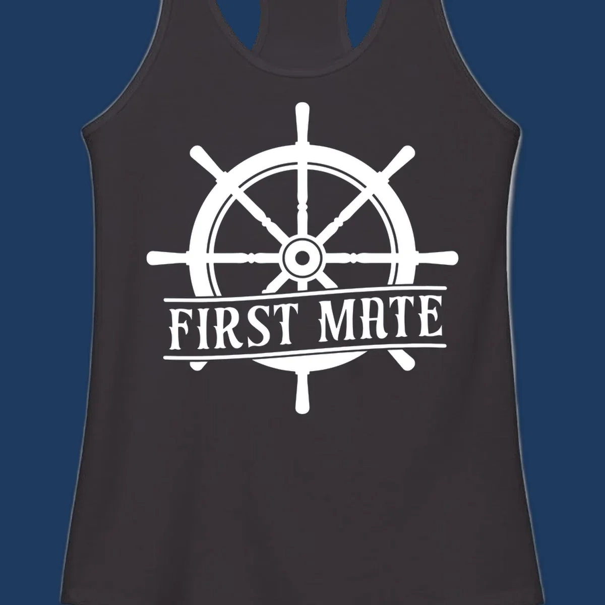 White ship's wheel with eight spokes and 'First Mate' text banner on gray background