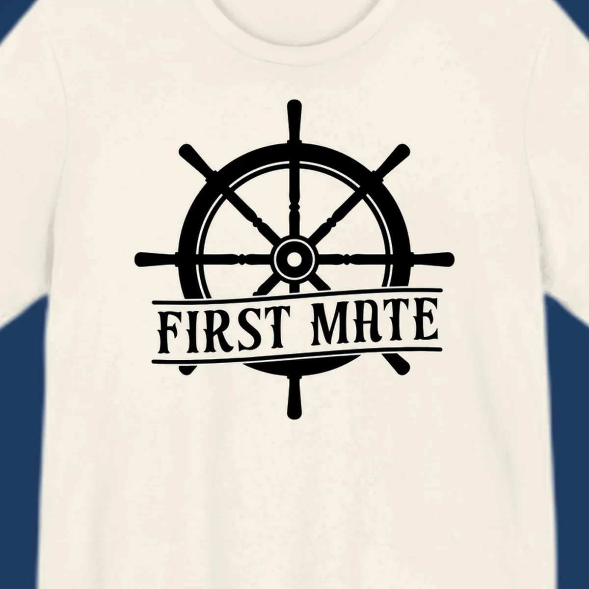 White ship's wheel with eight spokes and 'First Mate' text banner on gray background