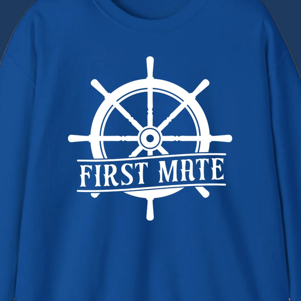 White ship's wheel with eight spokes and 'First Mate' text banner on gray background