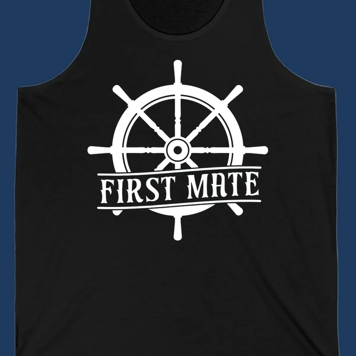White ship's wheel with eight spokes and 'First Mate' text banner on gray background