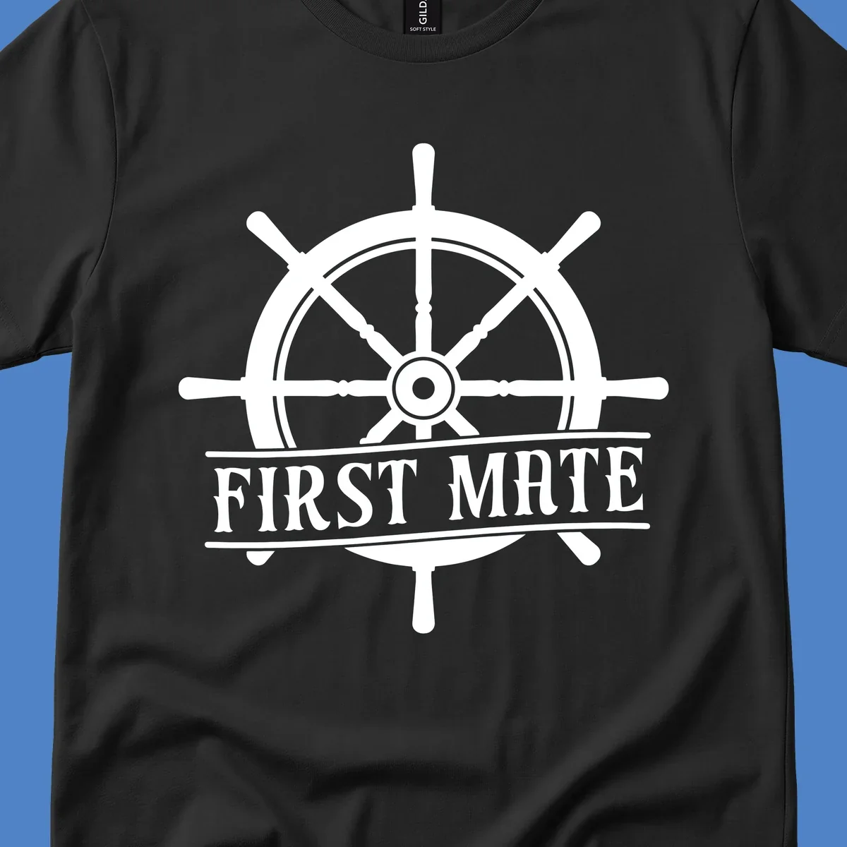 White ship's wheel with eight spokes and 'First Mate' text banner on gray background