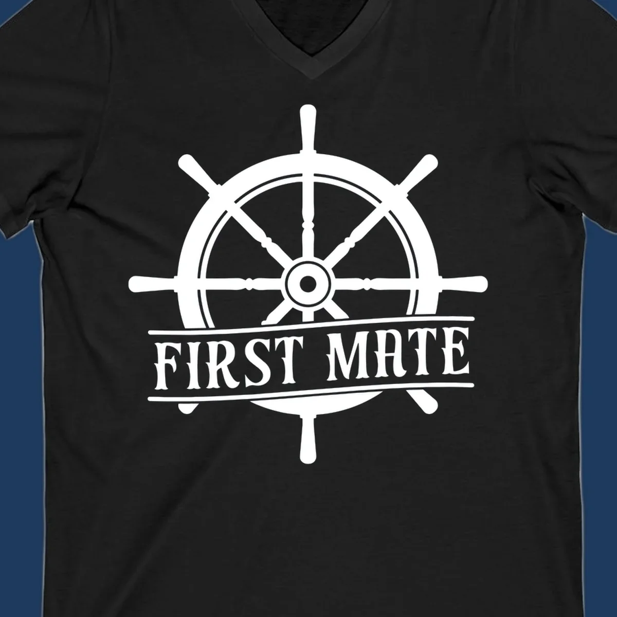 White ship's wheel with eight spokes and 'First Mate' text banner on gray background