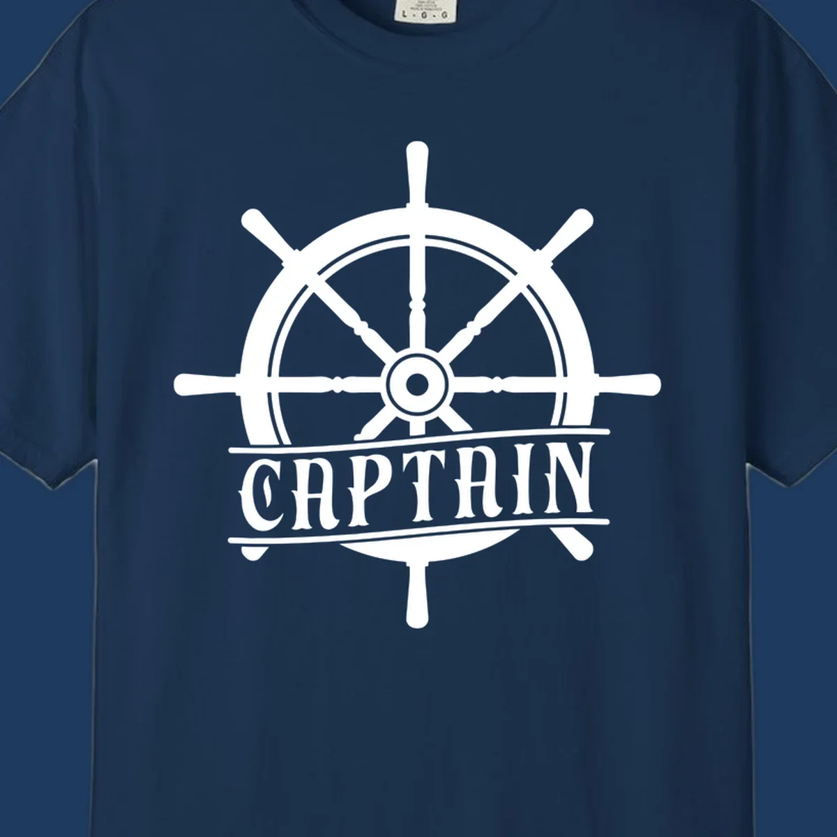 White captain ship wheel design with eight spokes and center hub, featuring the word CAPTAIN below in bold lettering with decorative lines on gray background.