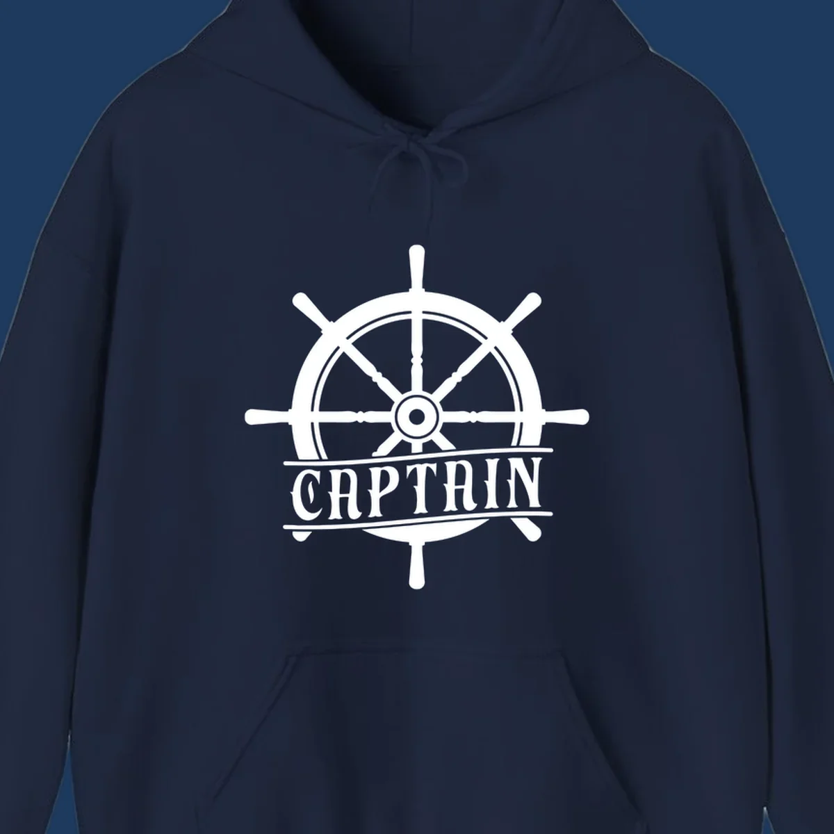 White captain ship wheel design with eight spokes and center hub, featuring the word CAPTAIN below in bold lettering with decorative lines on gray background.