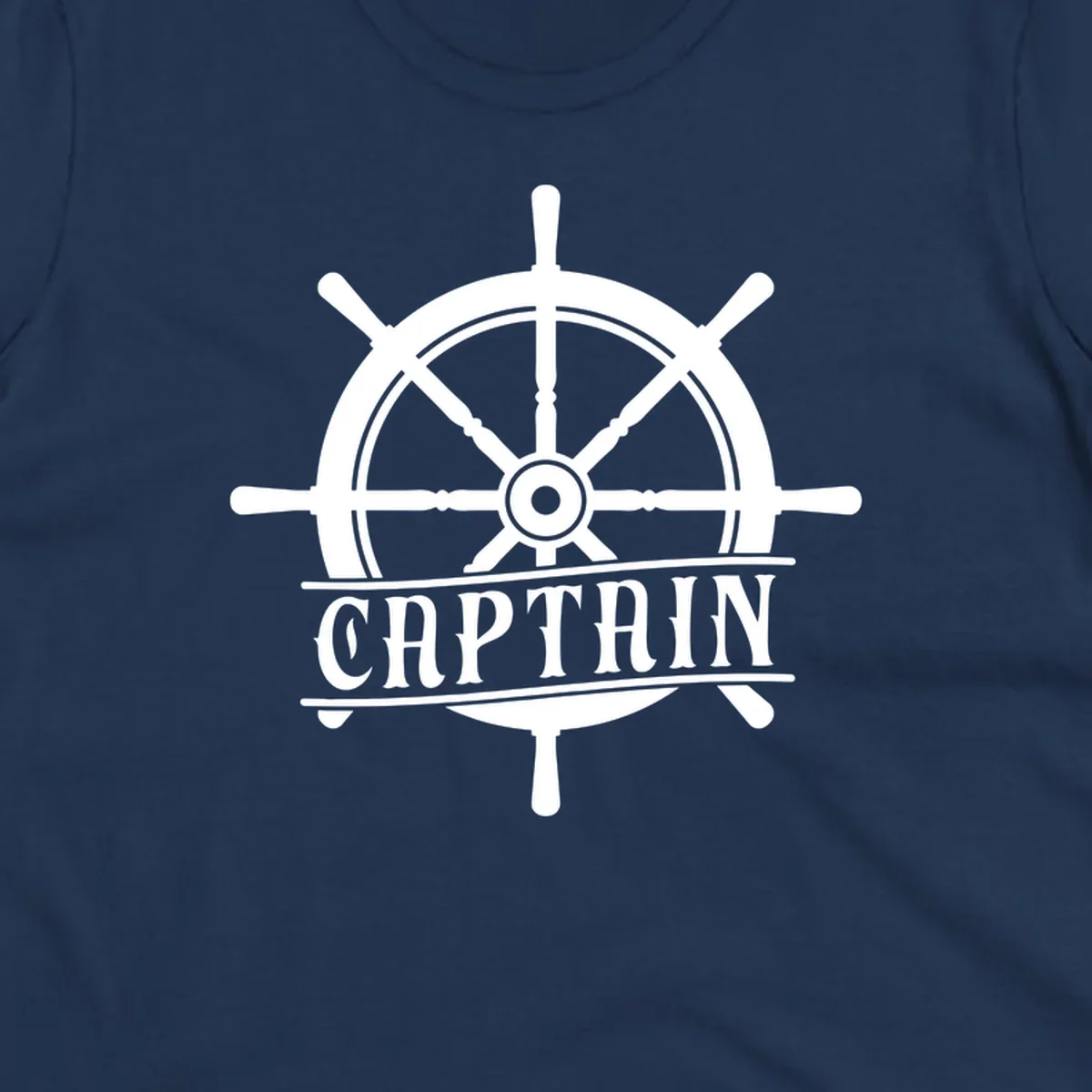 White captain ship wheel design with eight spokes and center hub, featuring the word CAPTAIN below in bold lettering with decorative lines on gray background.