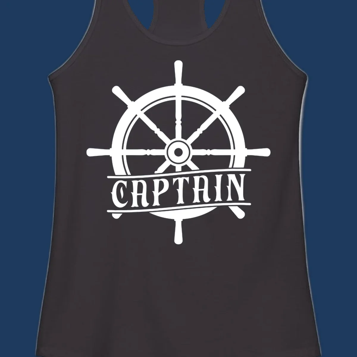 White captain ship wheel design with eight spokes and center hub, featuring the word CAPTAIN below in bold lettering with decorative lines on gray background.