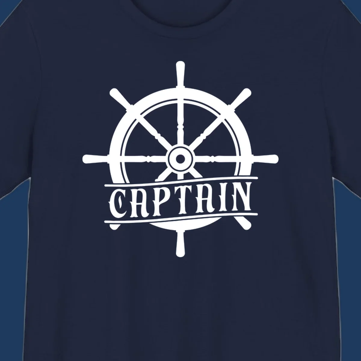 White captain ship wheel design with eight spokes and center hub, featuring the word CAPTAIN below in bold lettering with decorative lines on gray background.