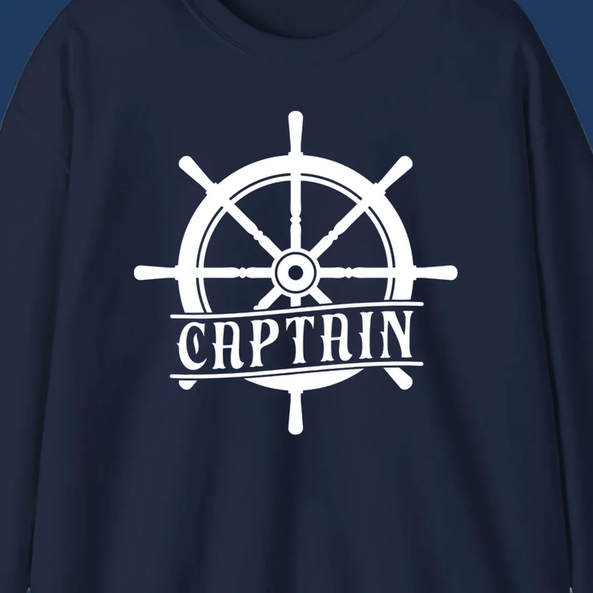 White captain ship wheel design with eight spokes and center hub, featuring the word CAPTAIN below in bold lettering with decorative lines on gray background.