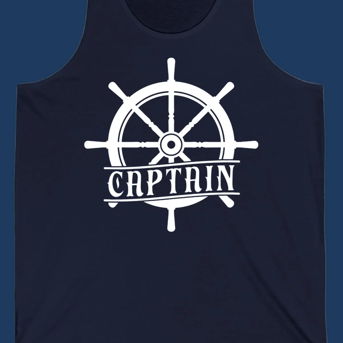 White captain ship wheel design with eight spokes and center hub, featuring the word CAPTAIN below in bold lettering with decorative lines on gray background.