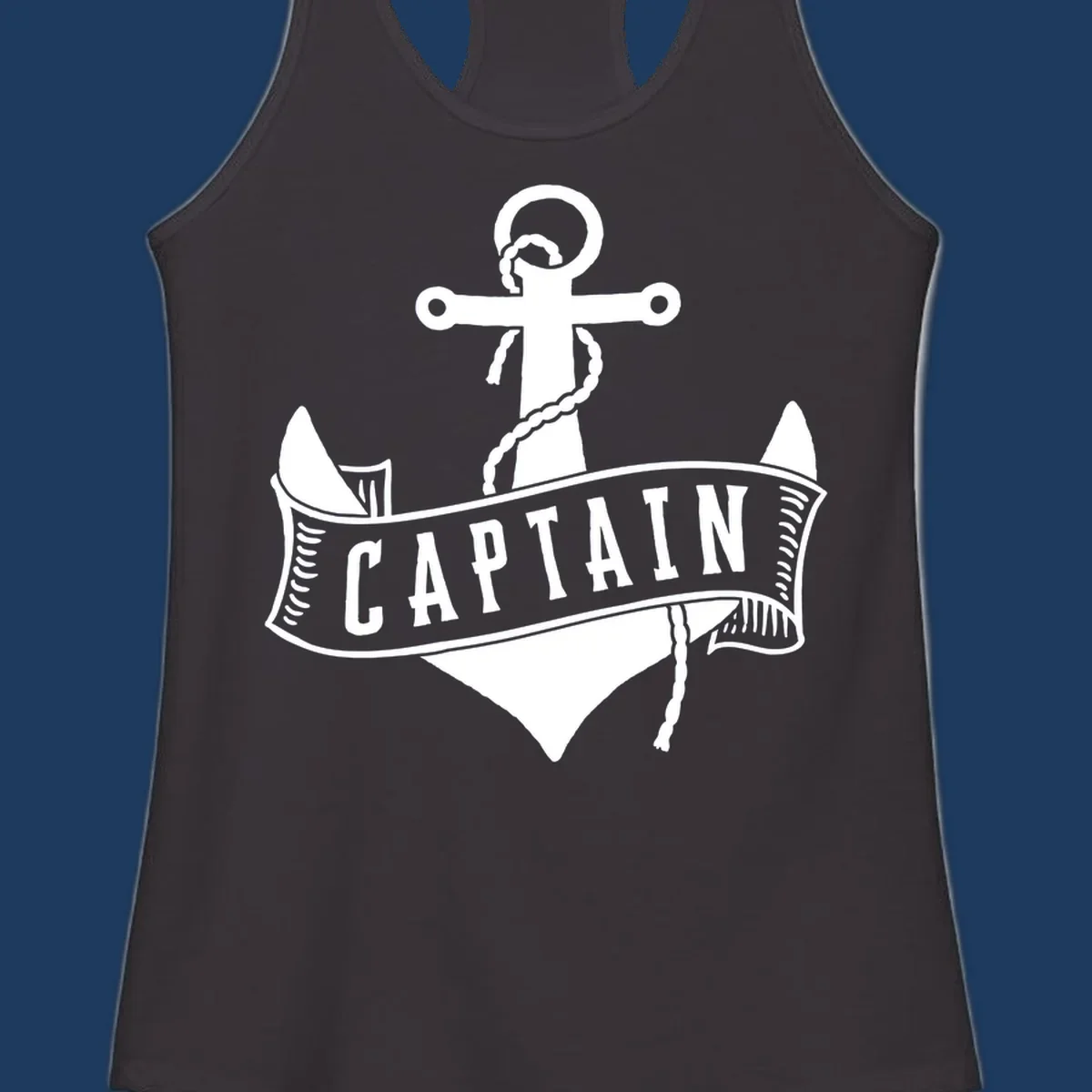 Vintage nautical captain anchor badge design with rope, cross emblem, sailing ship, and banner ribbon on gray background.