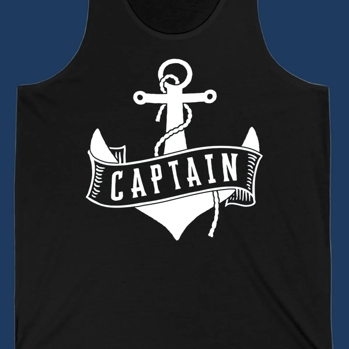 Vintage nautical captain anchor badge design with rope, cross emblem, sailing ship, and banner ribbon on gray background.