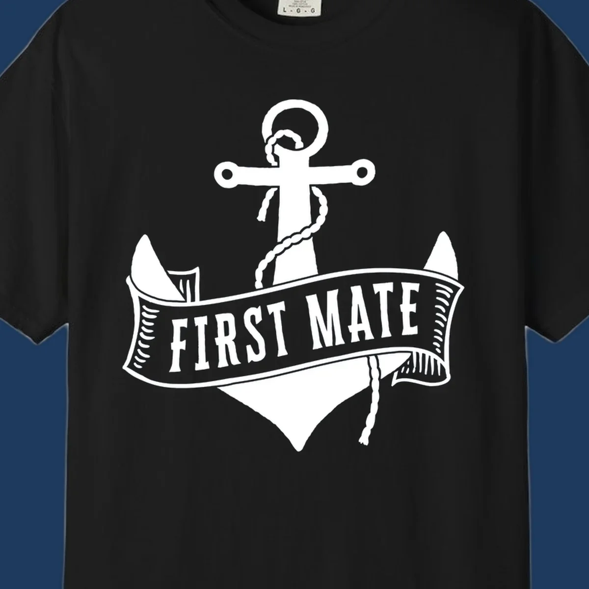 White vintage-style anchor with rope and cross emblem above a banner reading 'First Mate' on gray background