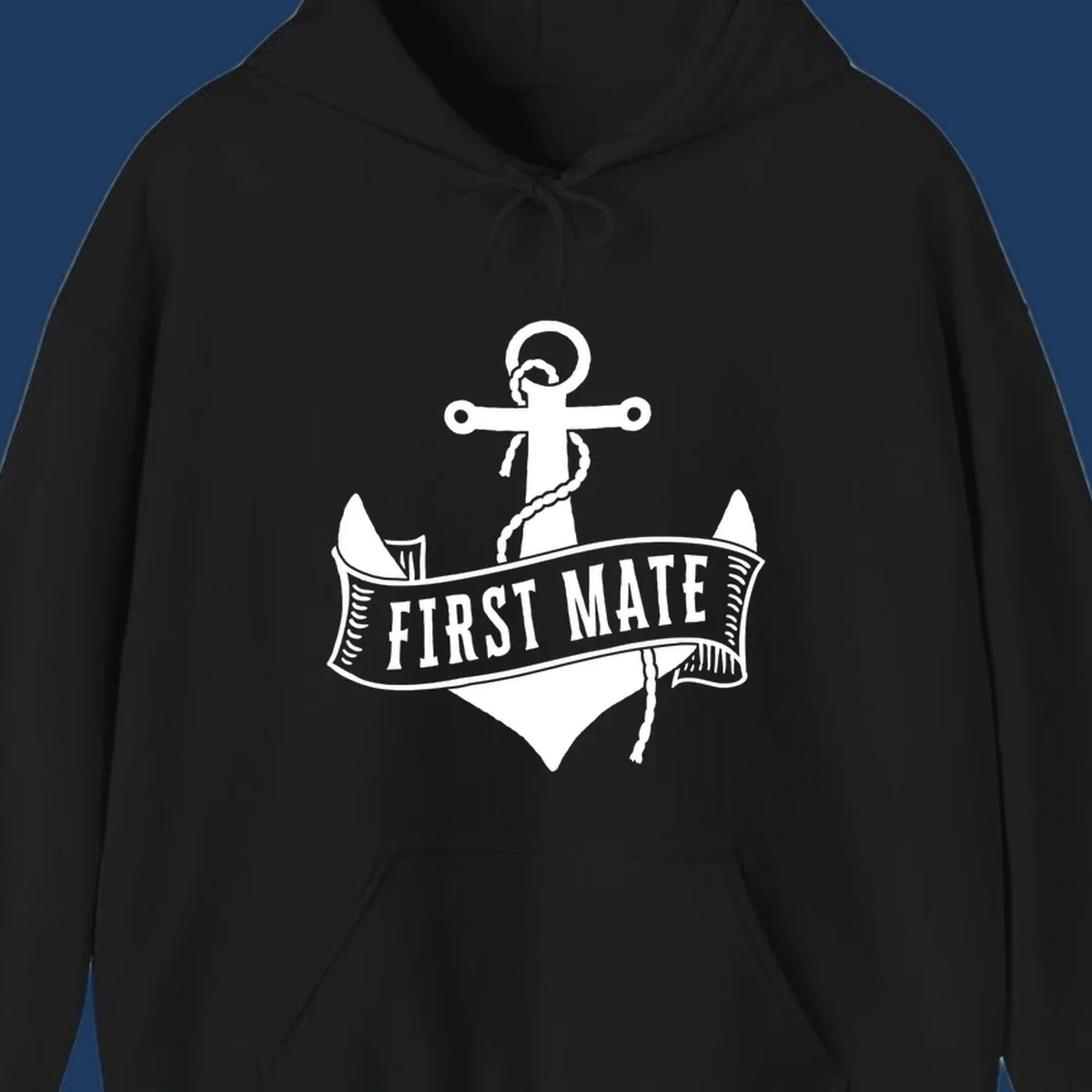 White vintage-style anchor with rope and cross emblem above a banner reading 'First Mate' on gray background