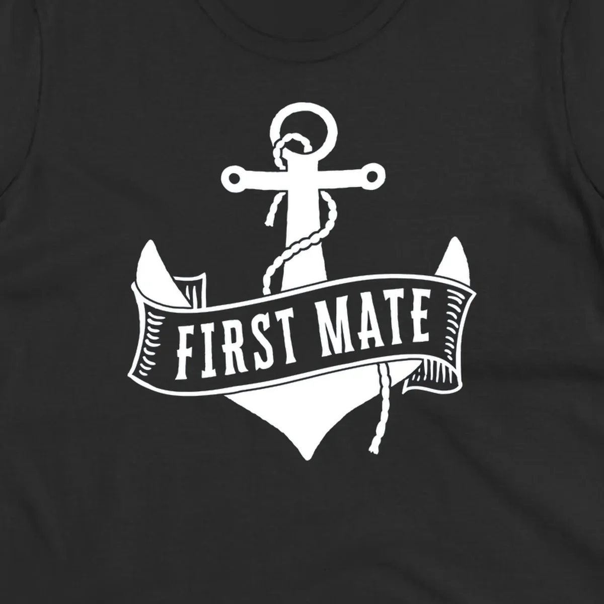 White vintage-style anchor with rope and cross emblem above a banner reading 'First Mate' on gray background