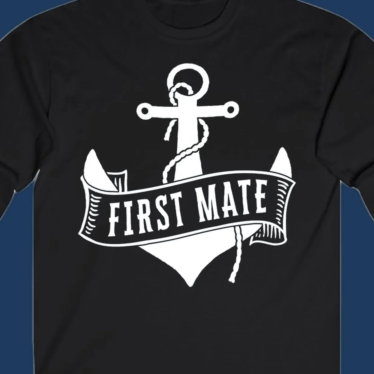 White vintage-style anchor with rope and cross emblem above a banner reading 'First Mate' on gray background
