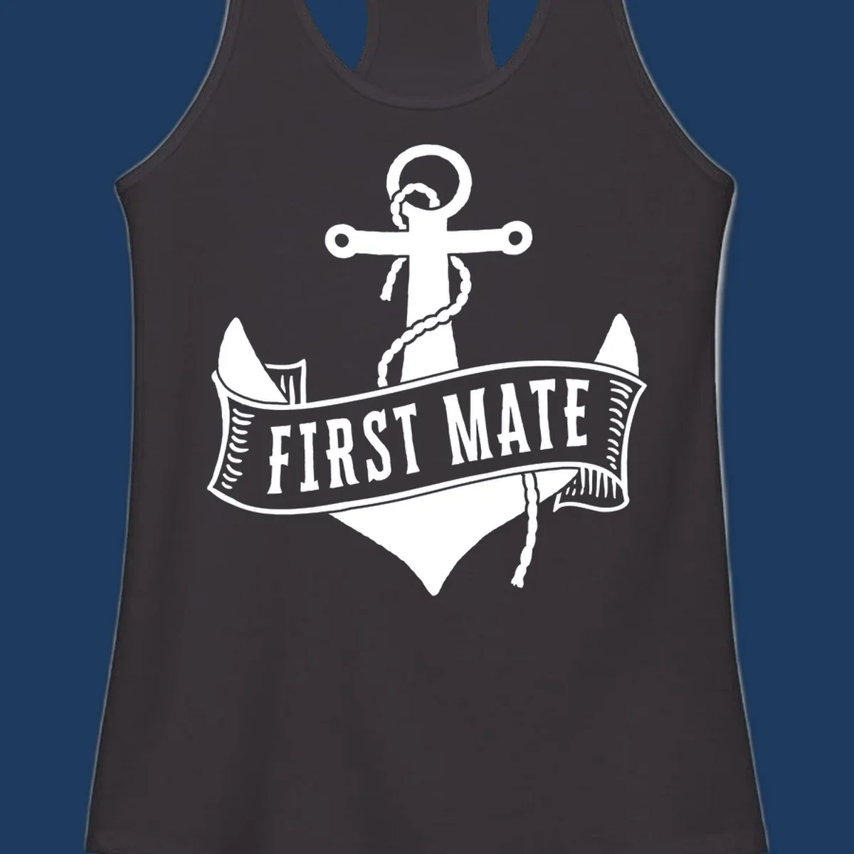 White vintage-style anchor with rope and cross emblem above a banner reading 'First Mate' on gray background