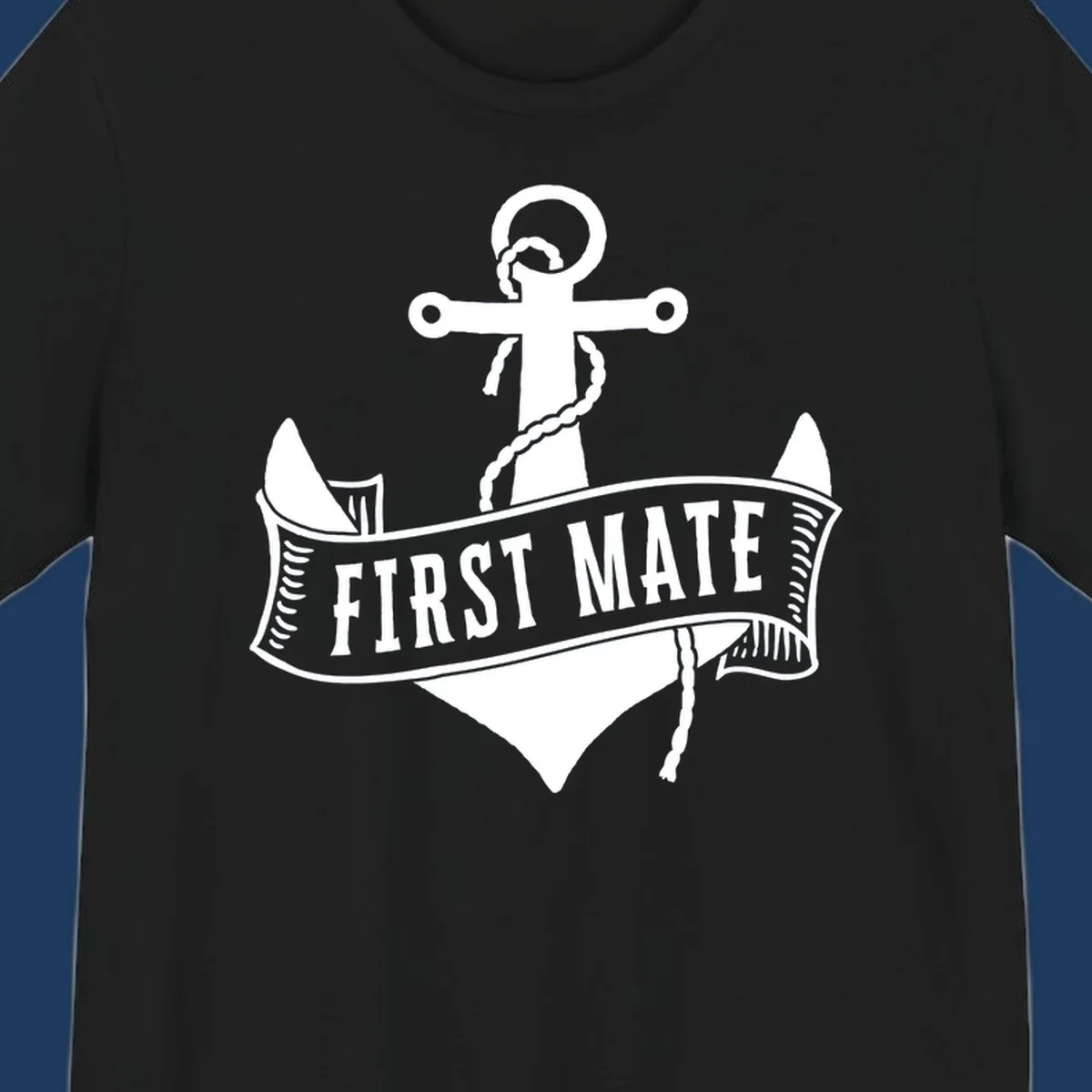 White vintage-style anchor with rope and cross emblem above a banner reading 'First Mate' on gray background