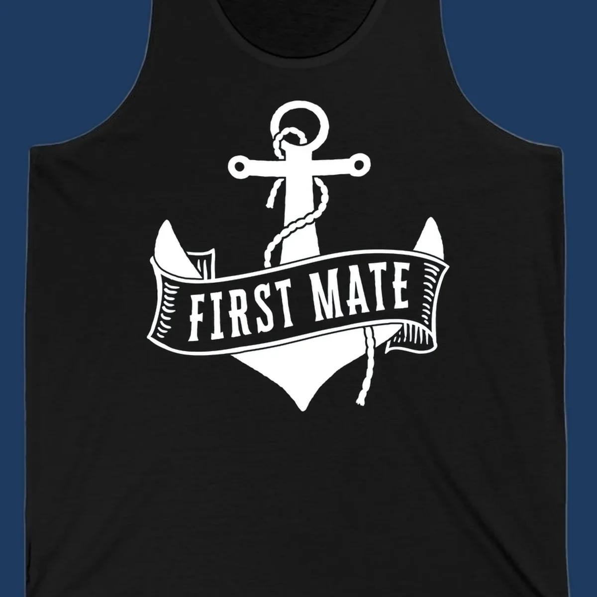 White vintage-style anchor with rope and cross emblem above a banner reading 'First Mate' on gray background