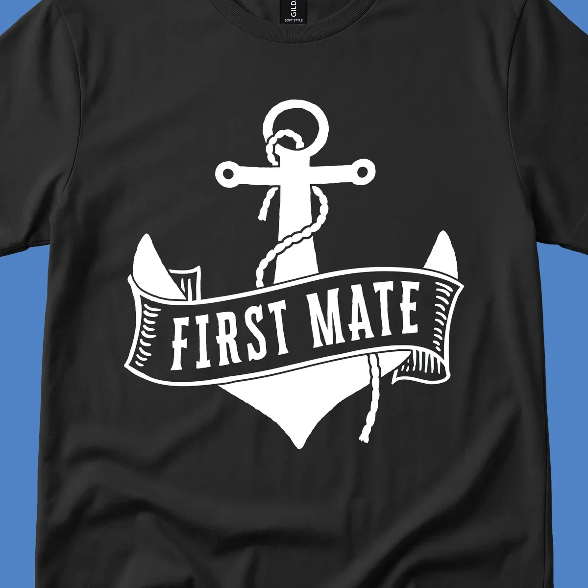 White vintage-style anchor with rope and cross emblem above a banner reading 'First Mate' on gray background