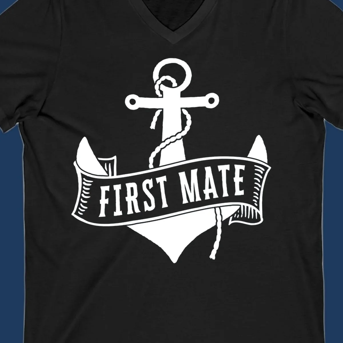 White vintage-style anchor with rope and cross emblem above a banner reading 'First Mate' on gray background