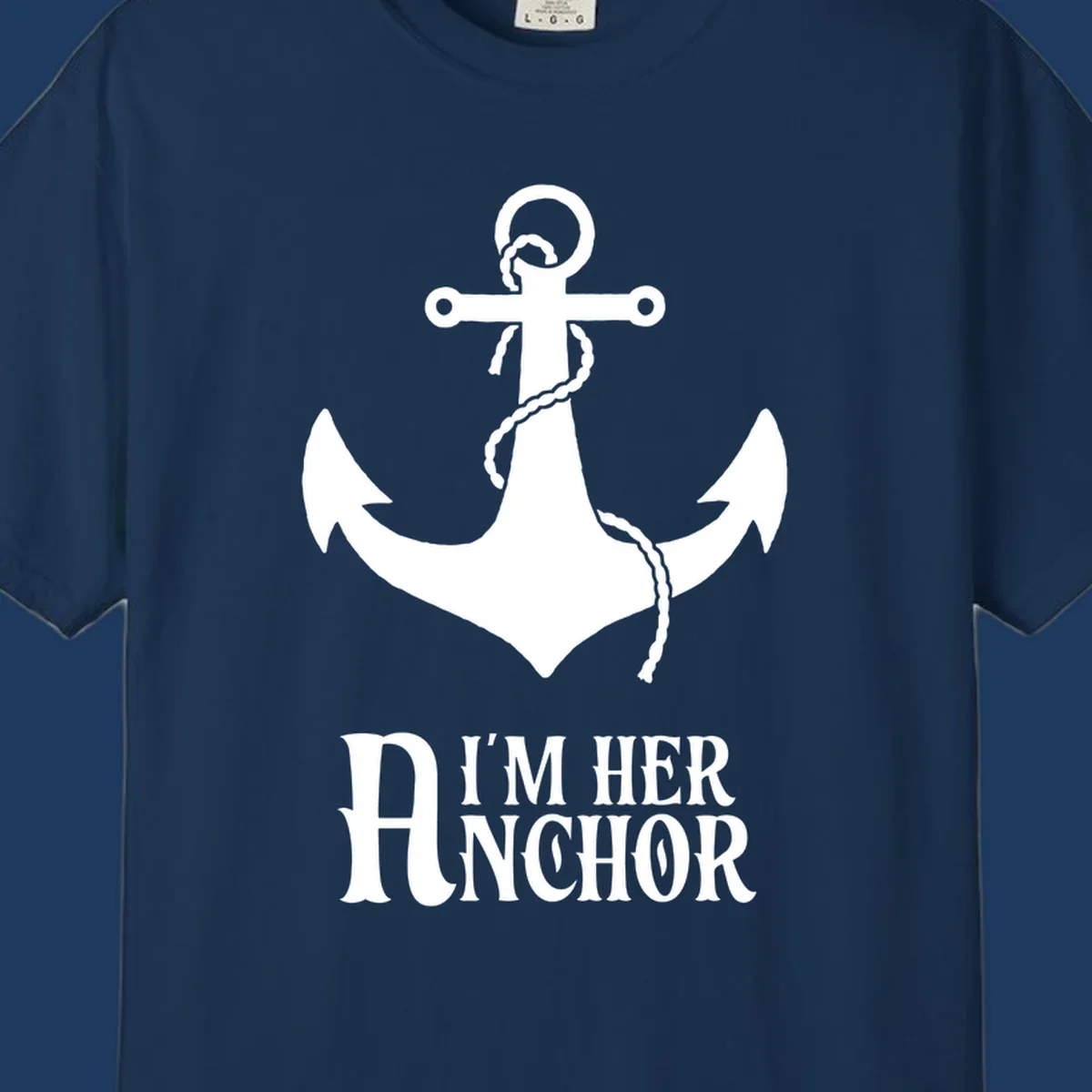White anchor with rope design and 'I'm Her Anchor' text on gray background - nautical couple shirt illustration