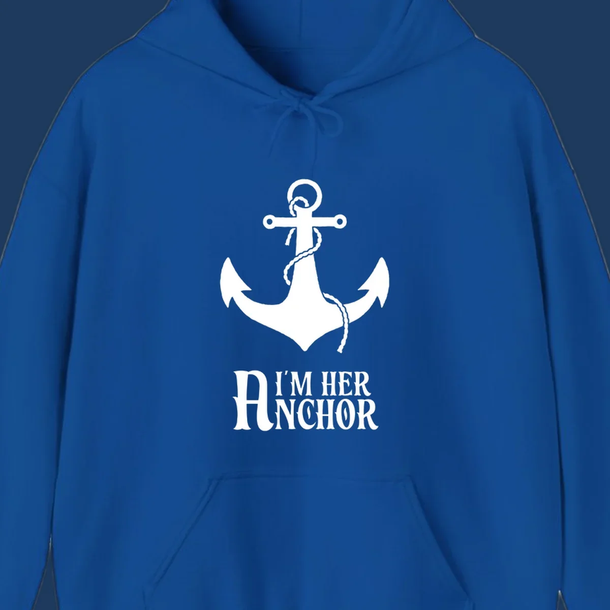 White anchor with rope design and 'I'm Her Anchor' text on gray background - nautical couple shirt illustration