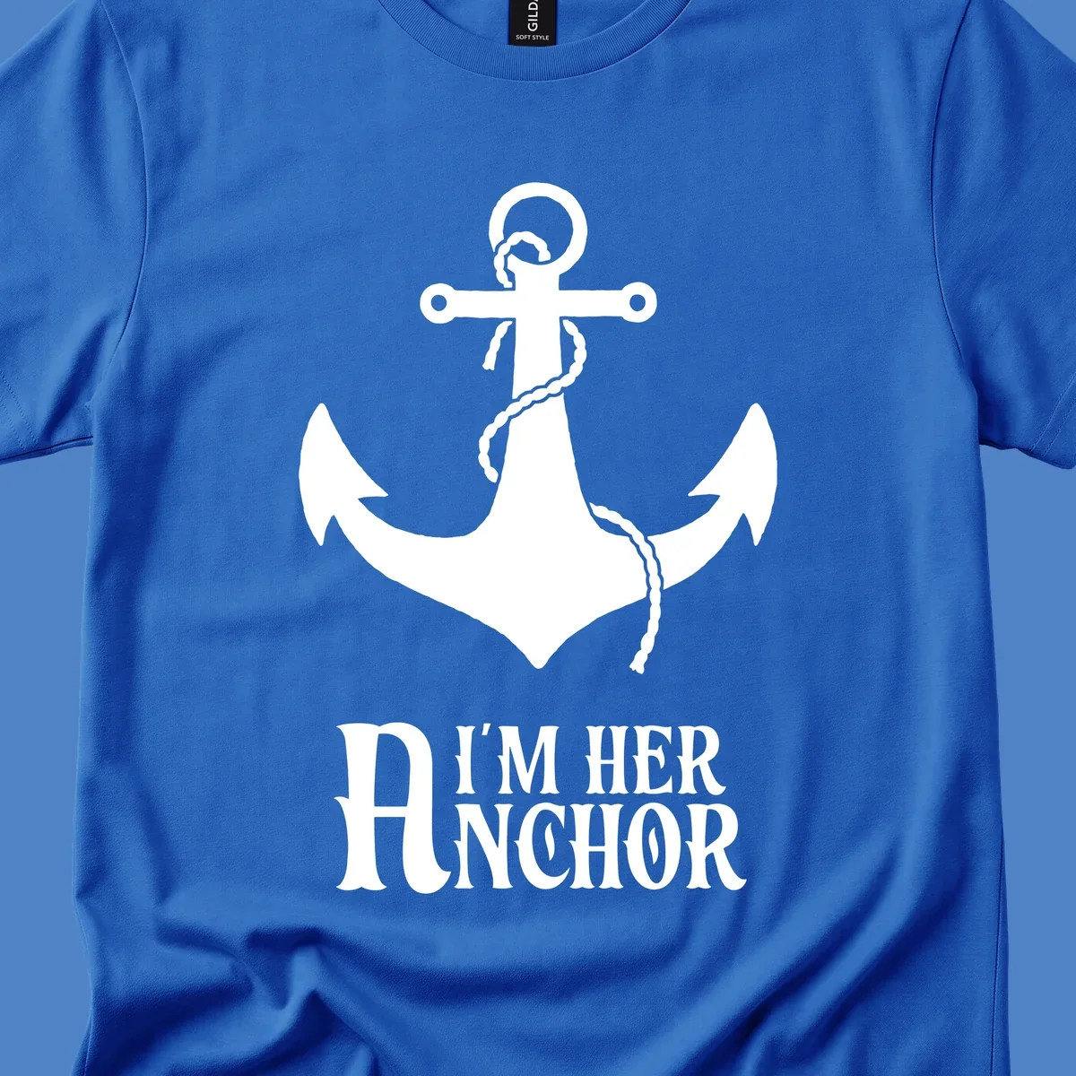 White anchor with rope design and 'I'm Her Anchor' text on gray background - nautical couple shirt illustration