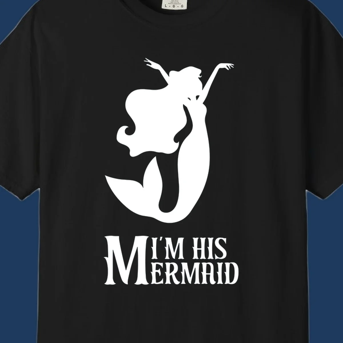 White mermaid silhouette with flowing hair and raised arms, text reads I'm His Mermaid
