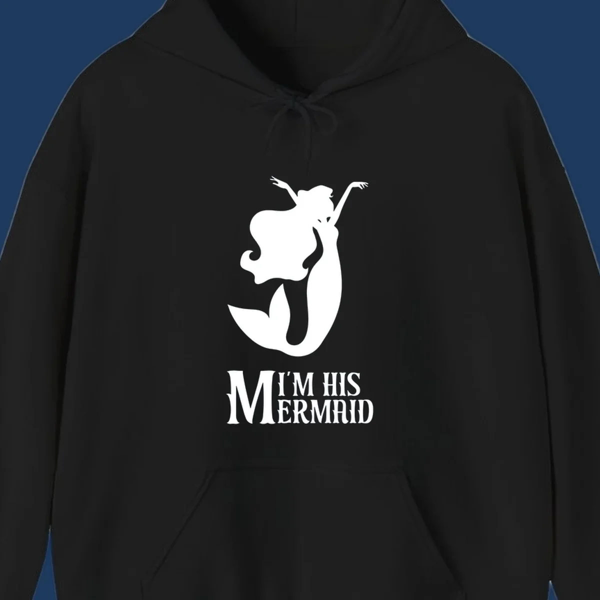 White mermaid silhouette with flowing hair and raised arms, text reads I'm His Mermaid