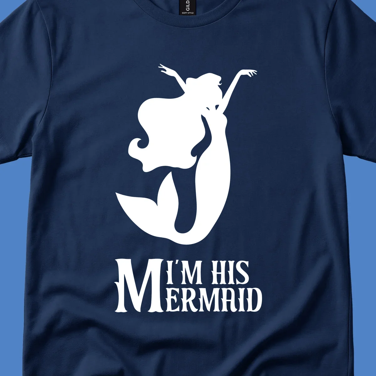 White mermaid silhouette with flowing hair and raised arms, text reads I'm His Mermaid
