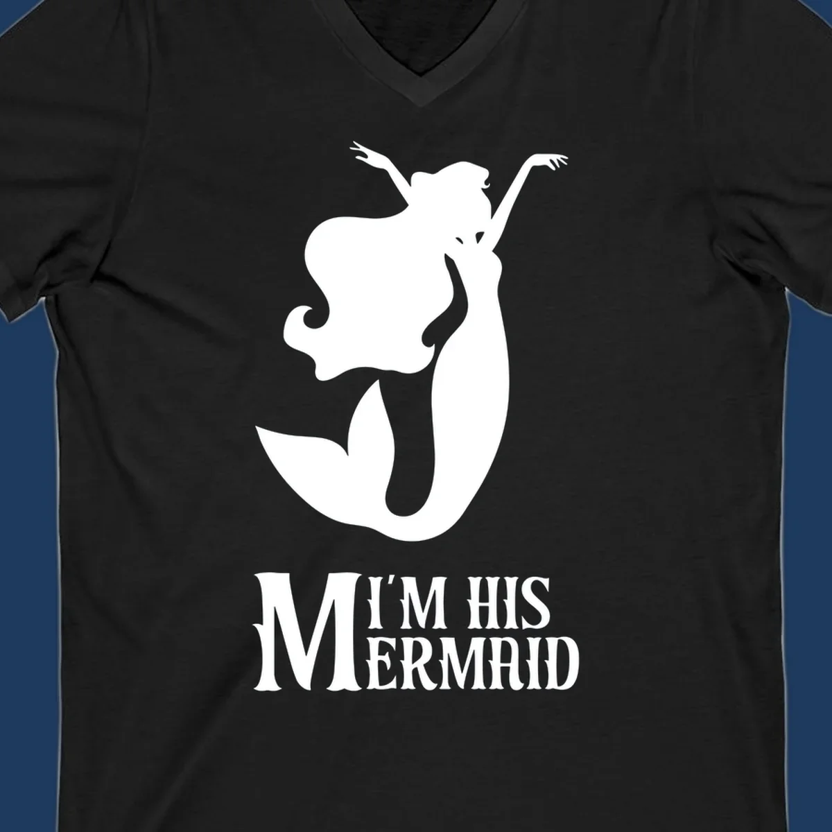 White mermaid silhouette with flowing hair and raised arms, text reads I'm His Mermaid