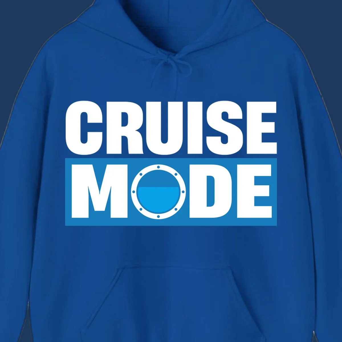 Cruise Mode Porthole design: bold white text reading 'CRUISE MODE' with a riveted ship porthole replacing the letter O on blue background