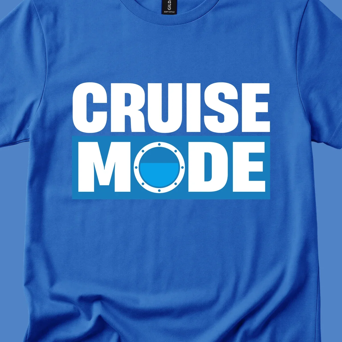 Cruise Mode Porthole design: bold white text reading 'CRUISE MODE' with a riveted ship porthole replacing the letter O on blue background