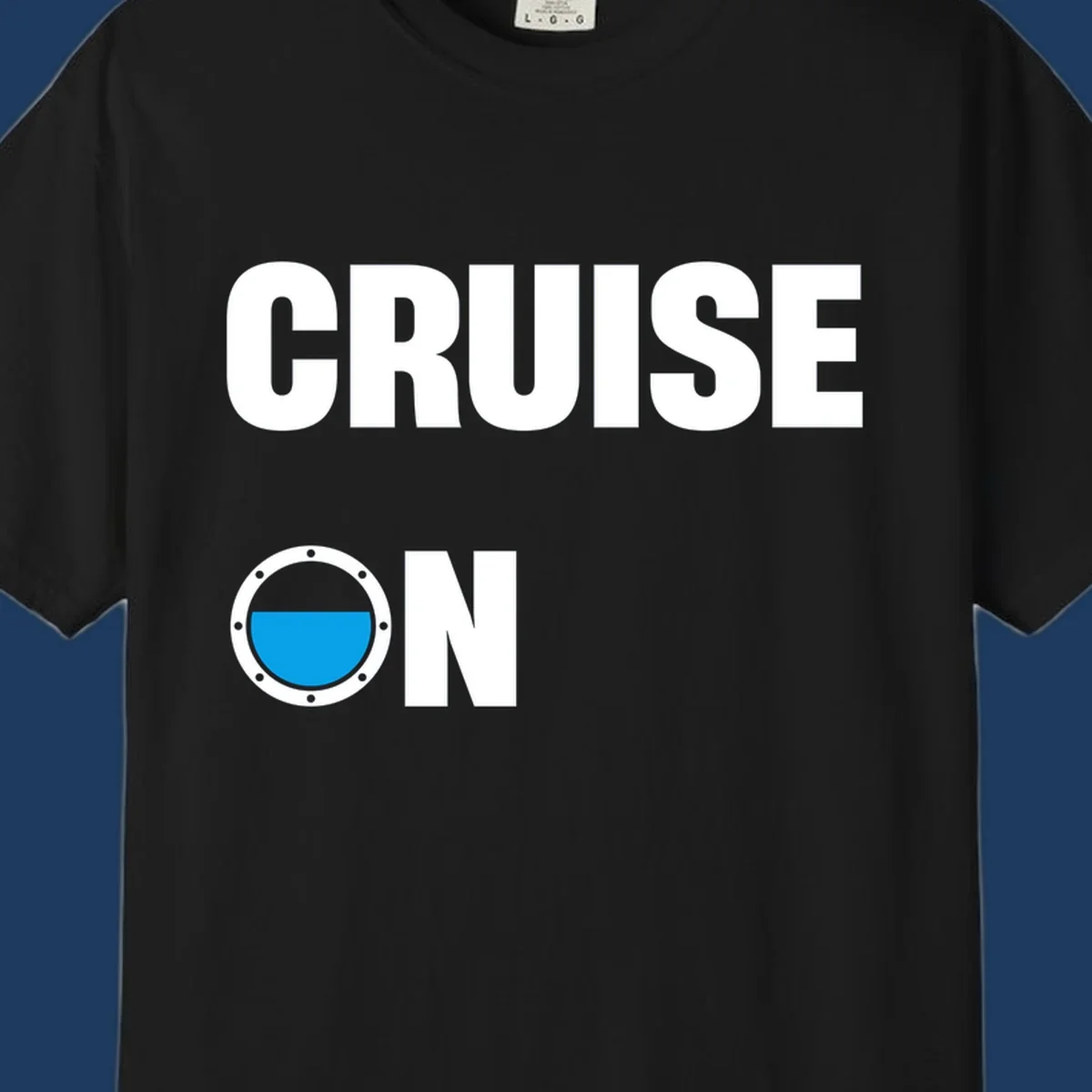 Cruise on porthole design with blue water visible through a circular ship window with metal rivets