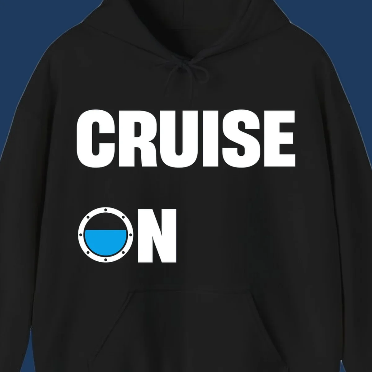 Cruise on porthole design with blue water visible through a circular ship window with metal rivets