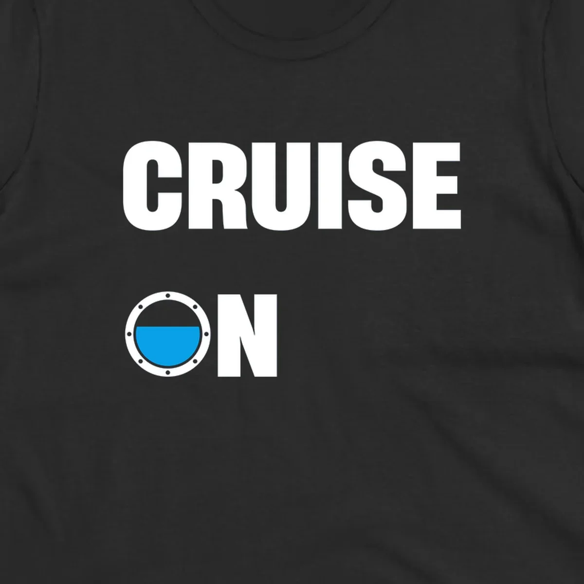 Cruise on porthole design with blue water visible through a circular ship window with metal rivets
