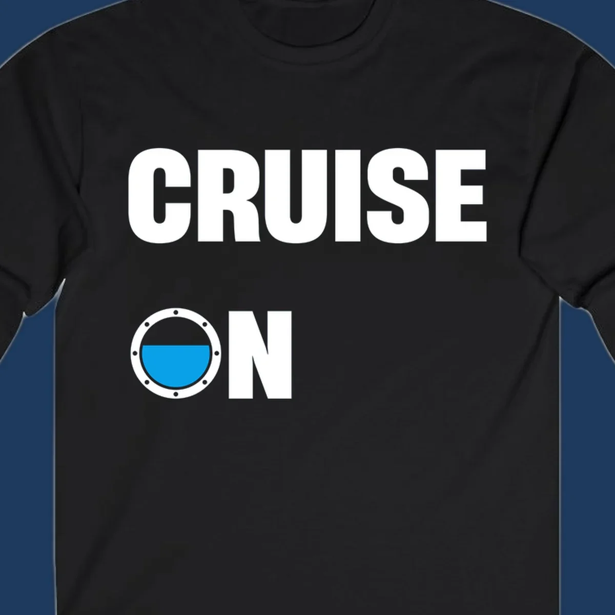 Cruise on porthole design with blue water visible through a circular ship window with metal rivets