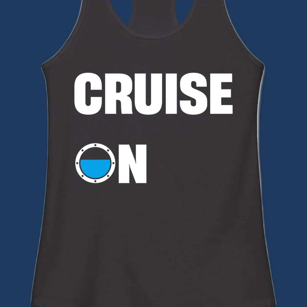 Cruise on porthole design with blue water visible through a circular ship window with metal rivets