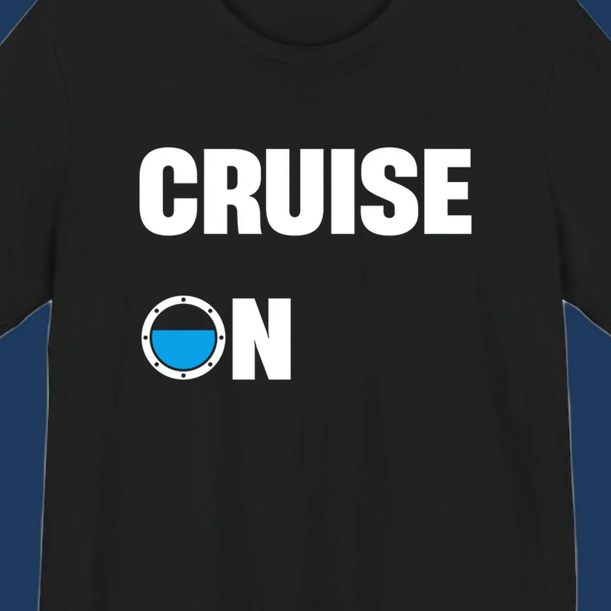 Cruise on porthole design with blue water visible through a circular ship window with metal rivets