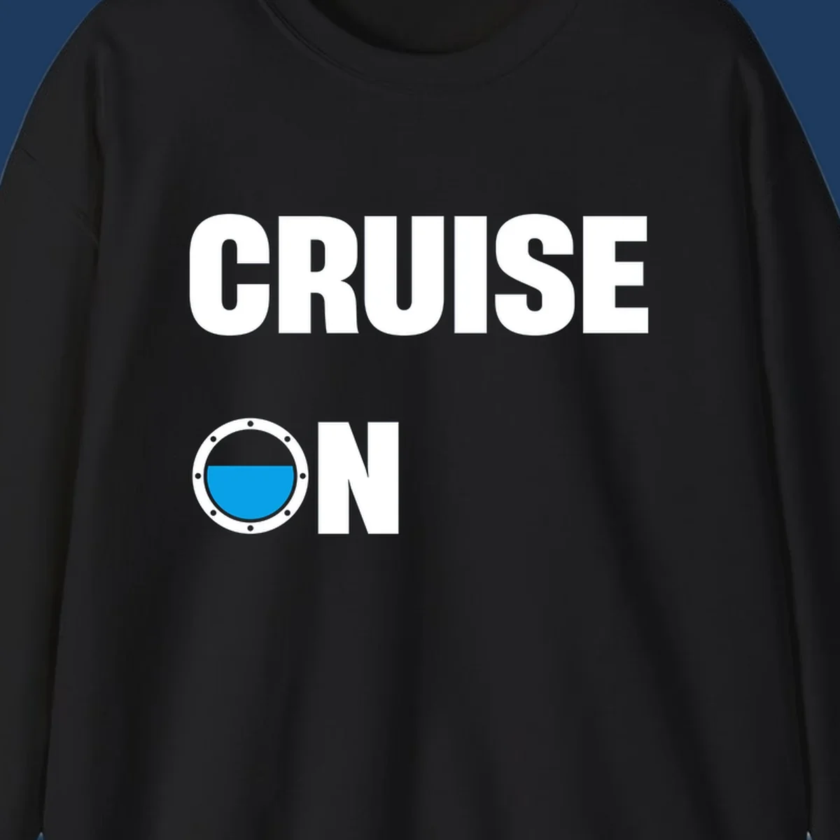 Cruise on porthole design with blue water visible through a circular ship window with metal rivets