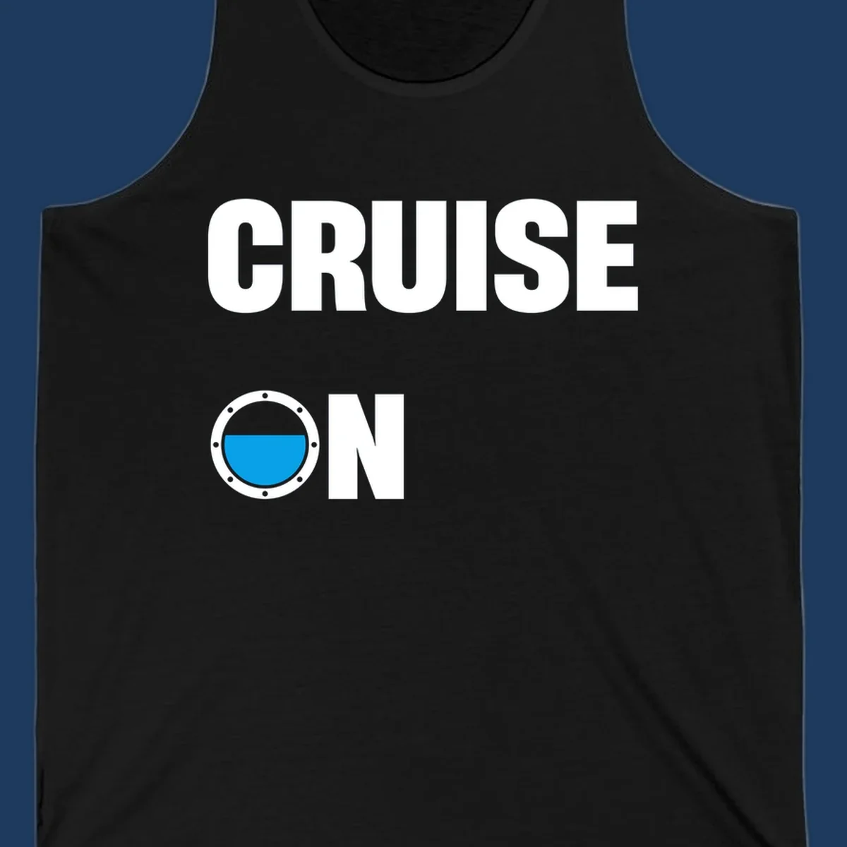 Cruise on porthole design with blue water visible through a circular ship window with metal rivets
