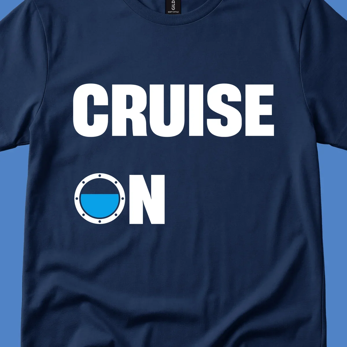 Cruise on porthole design with blue water visible through a circular ship window with metal rivets