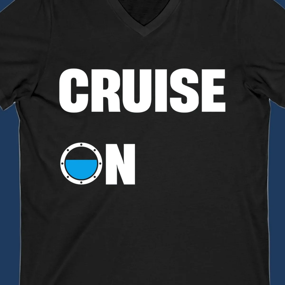Cruise on porthole design with blue water visible through a circular ship window with metal rivets